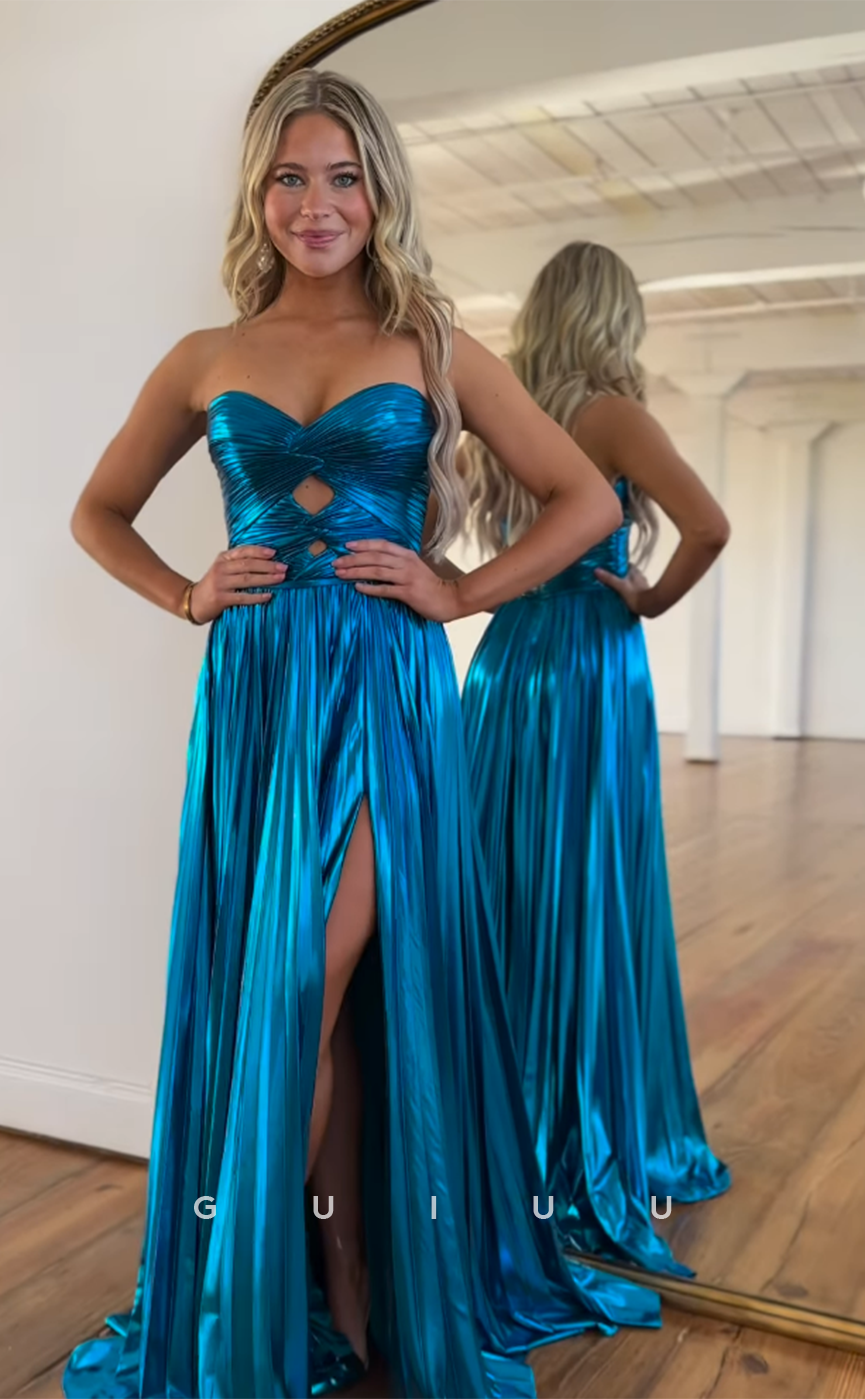 G4618 - A-Line Strapless Sleeveless High Side Slit Formal Prom Gown