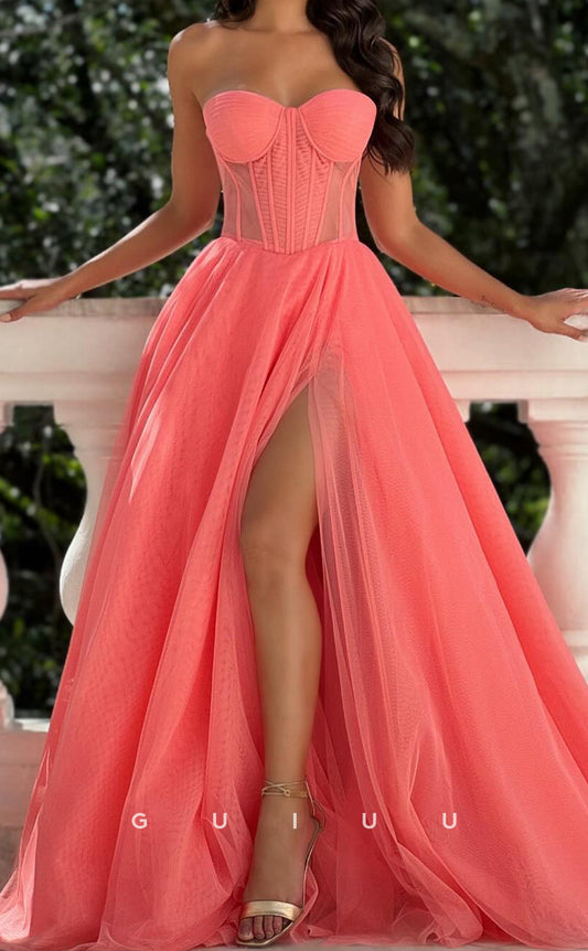 G2956 - A-Line Strapless Sleeveless Pleated Tulle Long Prom Party Dress with High Side Slit