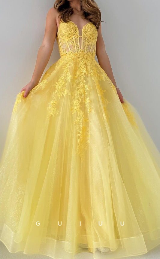 G3160 - A-Line Strapless Straps Sleeveless Appliques Yellow Tulle Long Prom Evening Dress