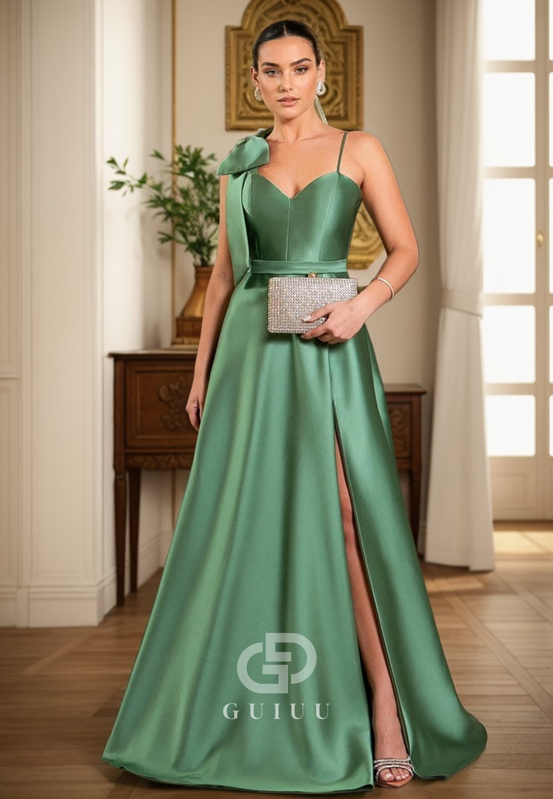 G4733 - A-Line Strapless Straps Sleeveless Satin Long Prom Dress with Boe Knot and Slit