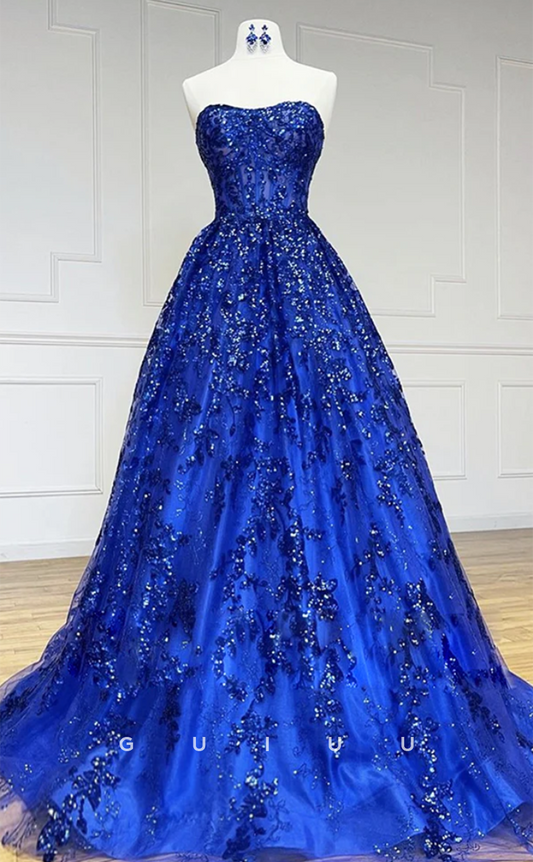 G4625 - A-Line Sweetheart Neck Tulle Sequined Blue Long Prom Dress