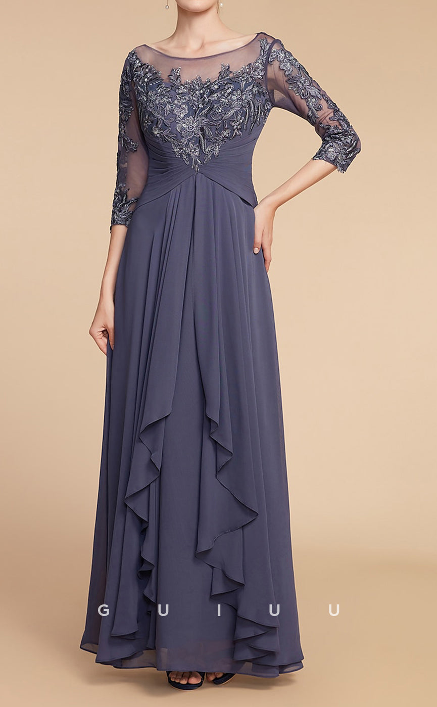 GM113 -  A-Line V Neck 34 Length Sleeves Floor Length Appliques Chiffon Mother of the Bride Dress