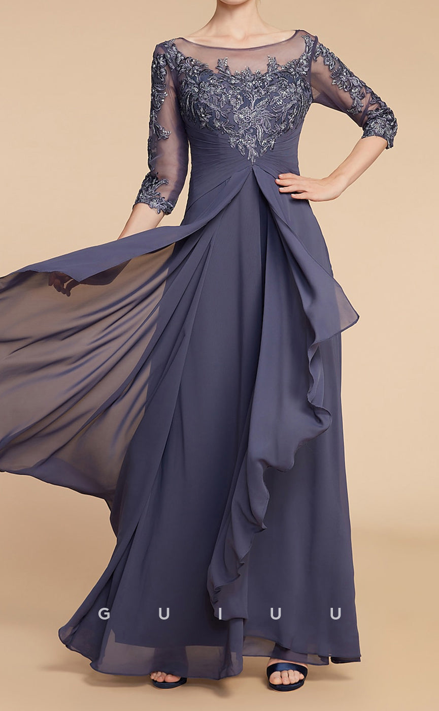 GM113 -  A-Line V Neck 34 Length Sleeves Floor Length Appliques Chiffon Mother of the Bride Dress