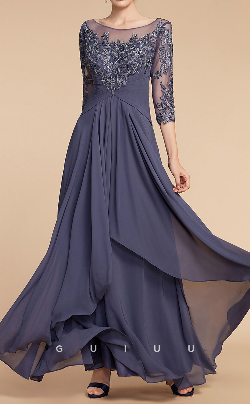 GM113 -  A-Line V Neck 34 Length Sleeves Floor Length Appliques Chiffon Mother of the Bride Dress