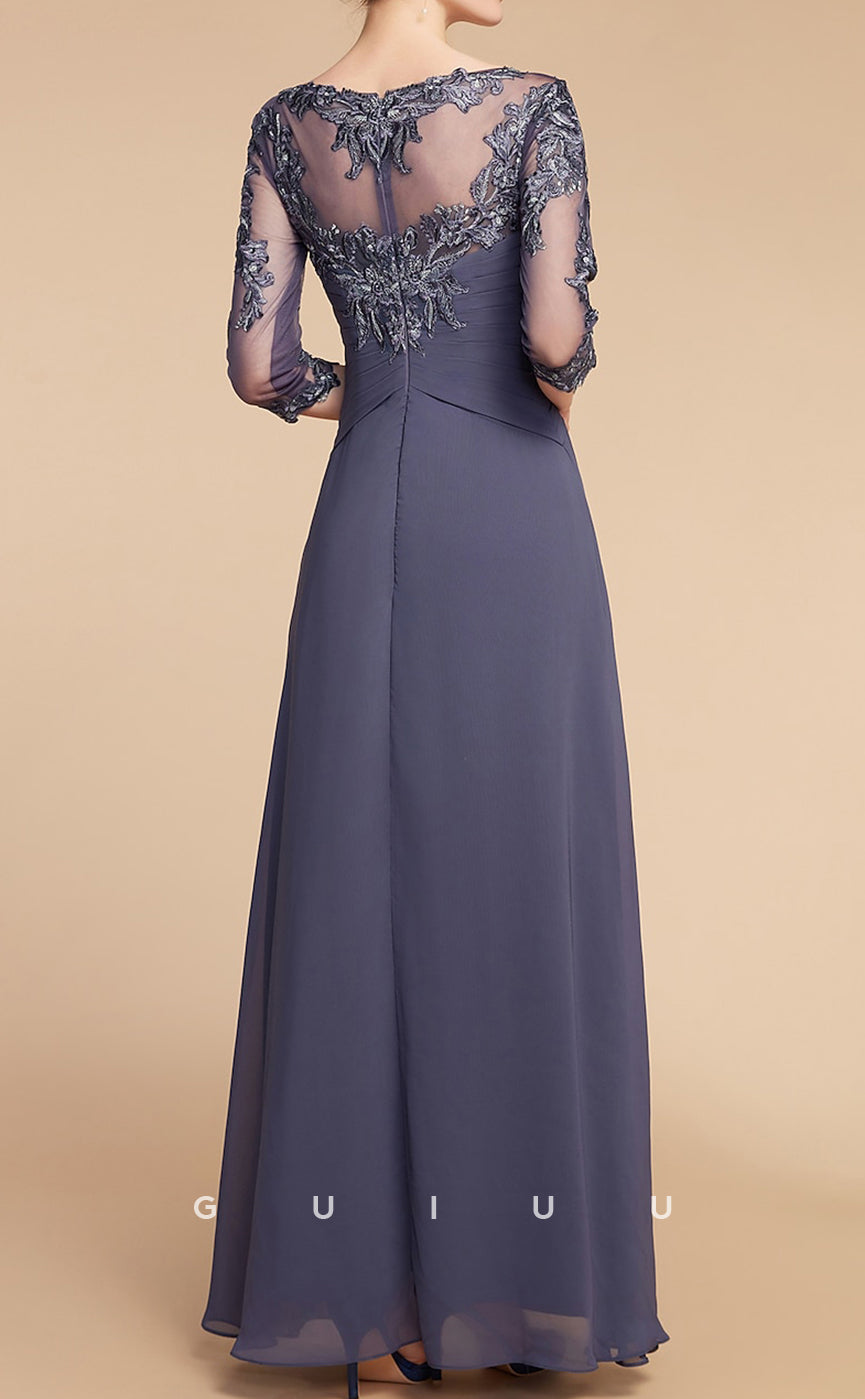 GM113 -  A-Line V Neck 34 Length Sleeves Floor Length Appliques Chiffon Mother of the Bride Dress