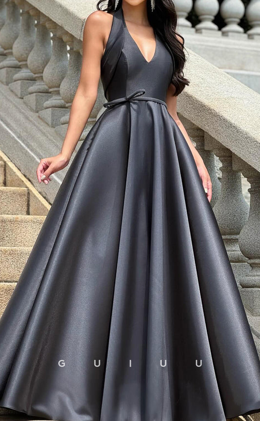 G2955 - A-Line V Neck Halter Sleeveless Stain Black Long Prom Party Dress