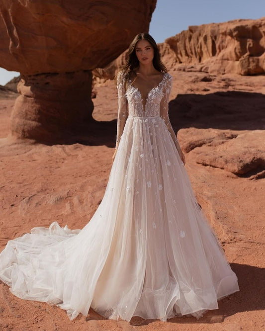 GW928 - A-Line V Neck Long Sleeves Appliques Tulle Wedding Dress with Train