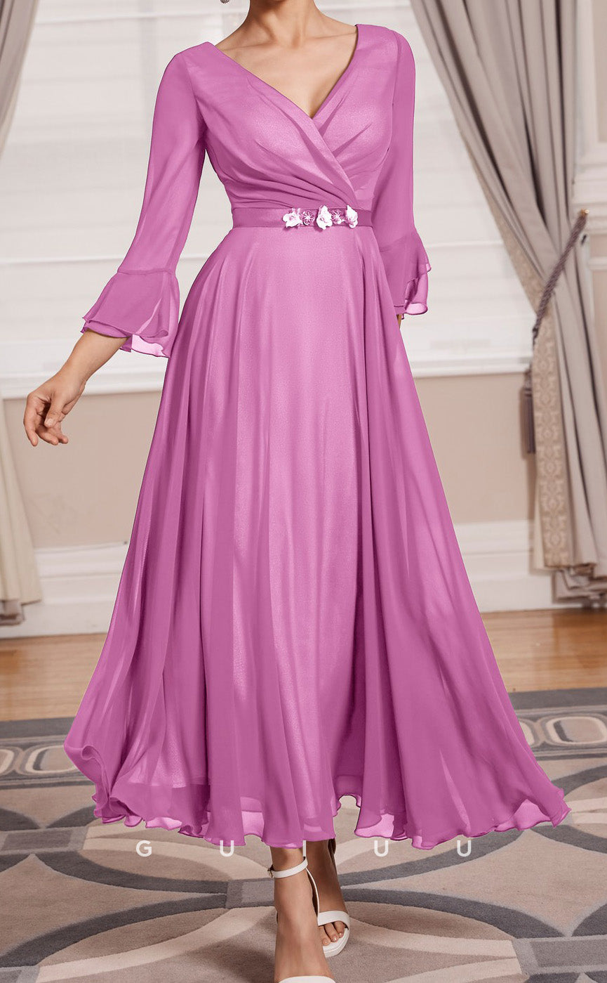 GM148 - A-Line V Neck Long Sleeves Tea Length Chiffon Mother of Bride Dress