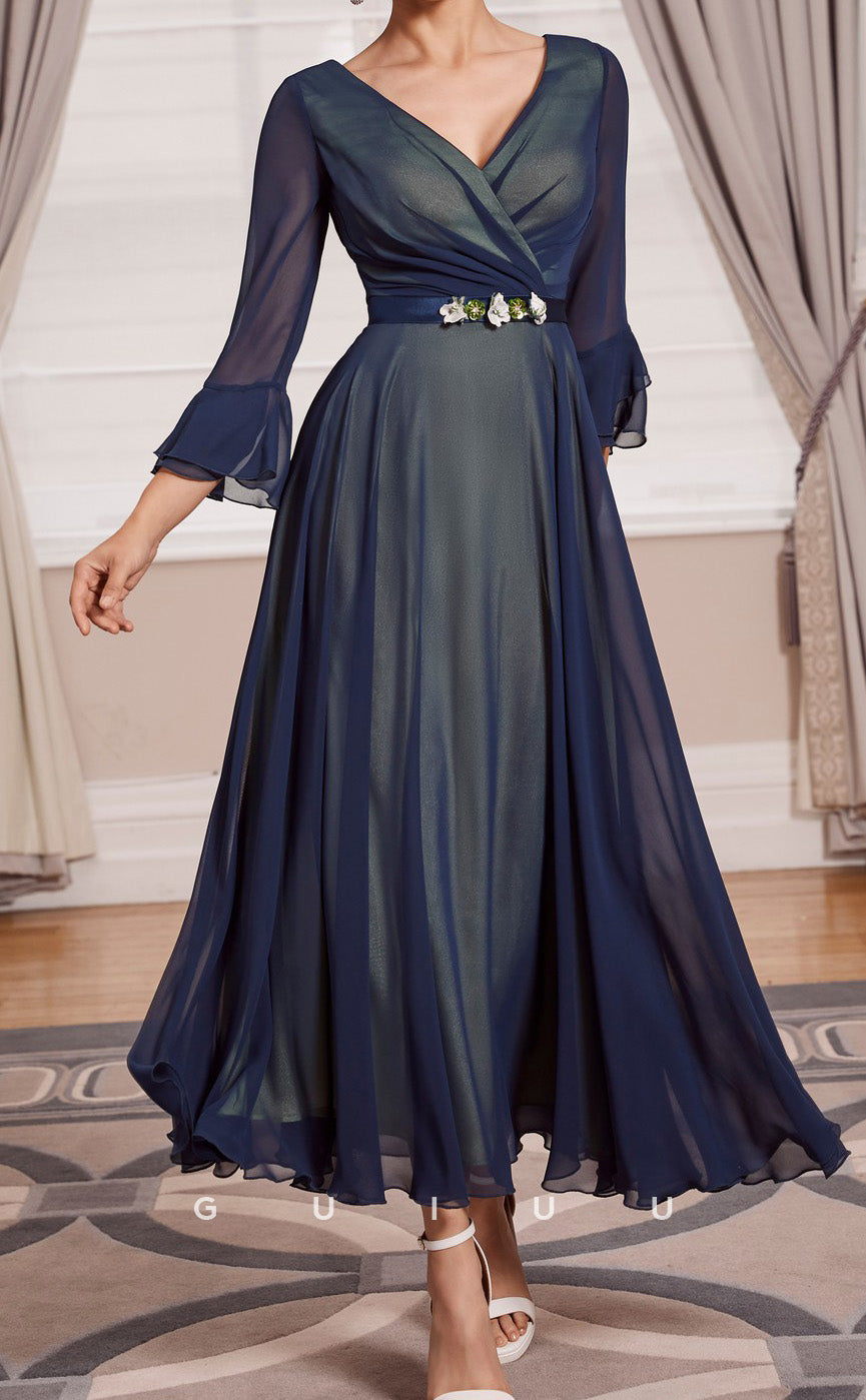 GM148 - A-Line V Neck Long Sleeves Tea Length Chiffon Mother of Bride Dress