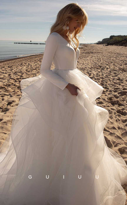 GW897 -  A-Line V N eck Long Sleeves Tulle Tiered Beach Wedding Dress