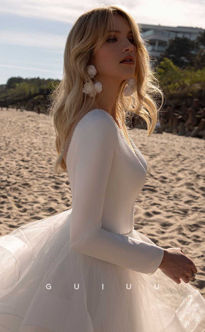 GW897 -  A-Line V N eck Long Sleeves Tulle Tiered Beach Wedding Dress
