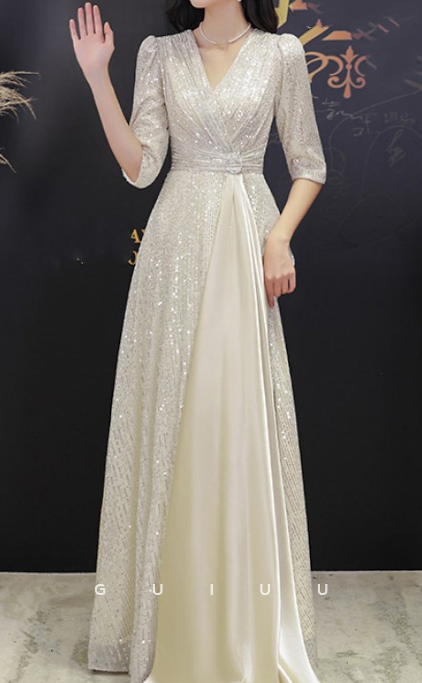 GM125 - A-Line V Neck Sequined Half Sleeves Mother of the Bride Dress