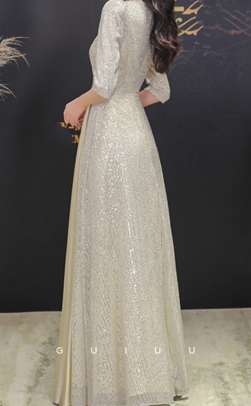 GM125 - A-Line V Neck Sequined Half Sleeves Mother of the Bride Dress
