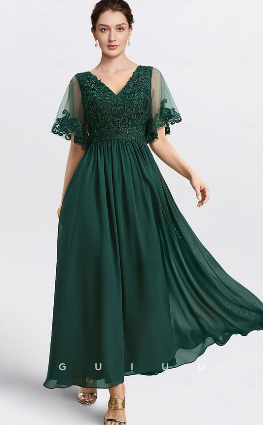 GM029 -  A-Line V Neck Short Sleeves Long Chiffon Mother of the Bride Dress Wedding Guest Gown