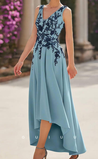 GM057 - A-Line V Neck Sleeveless Asymmetrical Satin Appliques Mother of the Bride Dress Formal Wedding Guest Gown