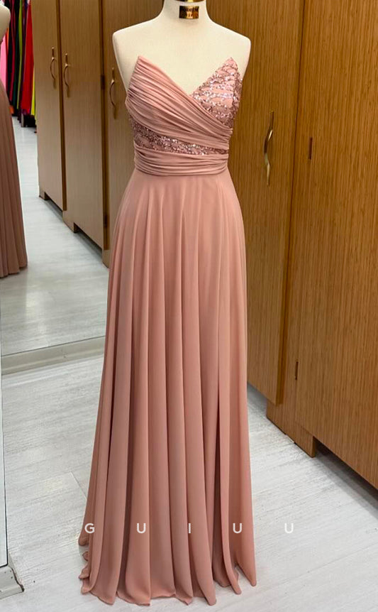 G2804 - A-Line V Neck Strapless Sleeveless Sequined Pleated Ruched Long Prom Party Dress