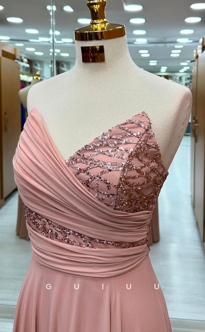 G2804 - A-Line V Neck Strapless Sleeveless Sequined Pleated Ruched Long Prom Party Dress