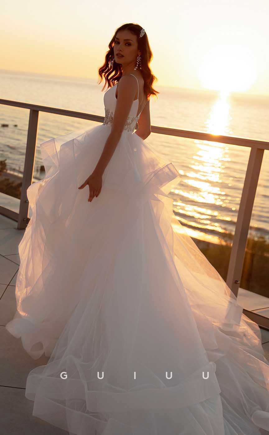 GW900 -  A-Line V Neck Straps Beaded Tulle Tiered Court Train Wedding Dress