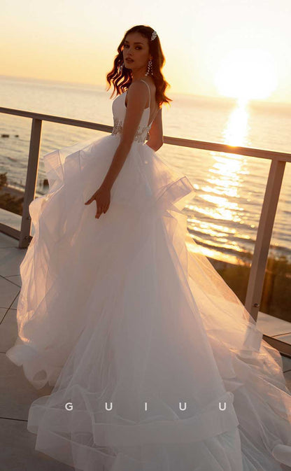 GW900 -  A-Line V Neck Straps Beaded Tulle Tiered Court Train Wedding Dress