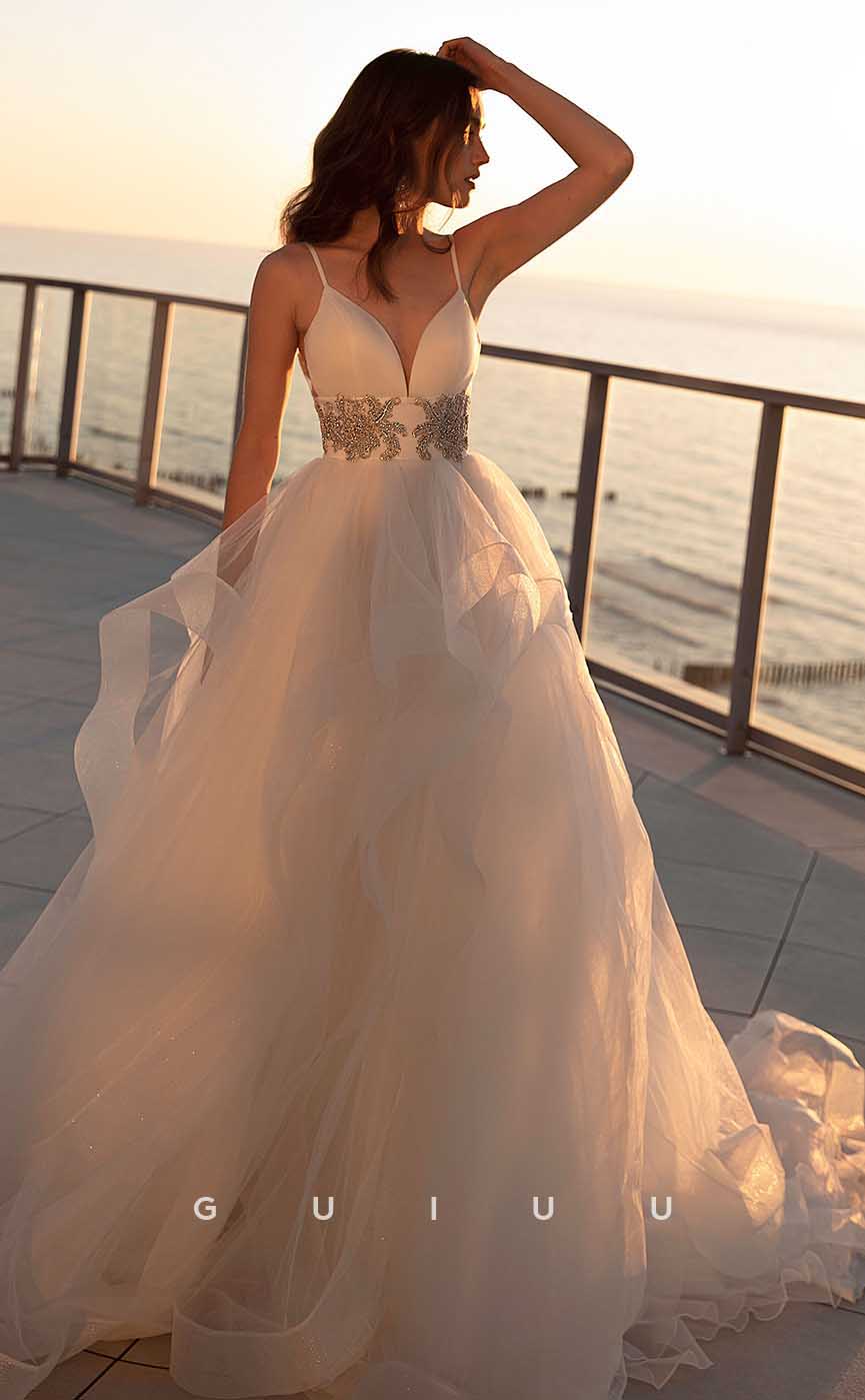 GW900 - A-Line V Neck Straps Beaded Tulle Tiered Court Train Wedding Dress