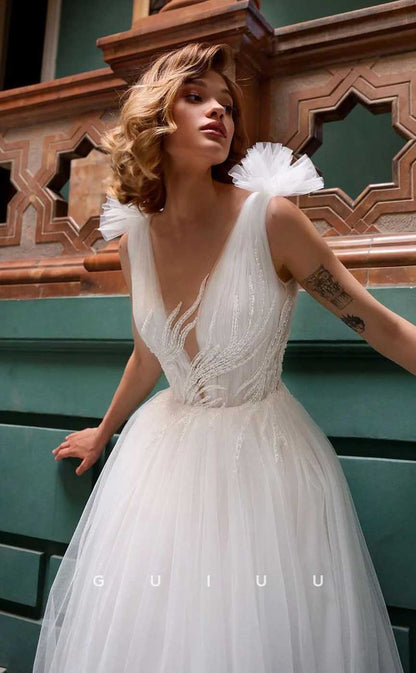 GW904 -  A-Line V Neck Straps Sleeveless Appliques Sequined Tulle Beach Wedding Dress