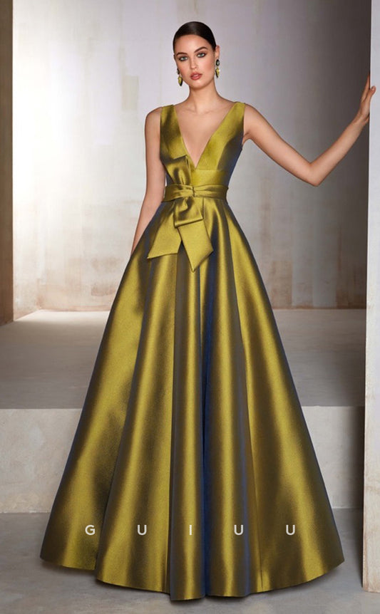 G4673 - A-Line V Neck Straps Sleeveless Back Buttons Stain Prom Gown with Bowknot