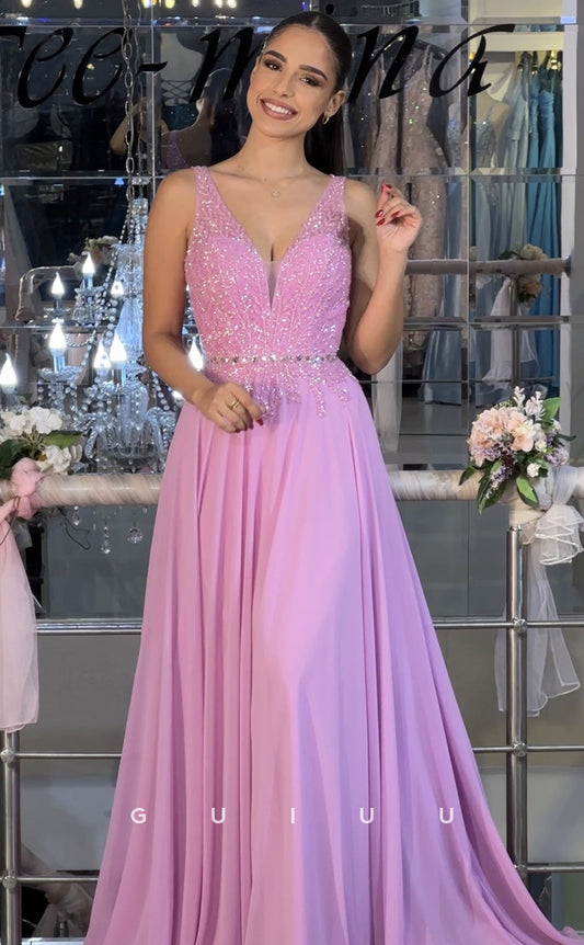 G4129 - A-Line V Neck Straps Sleeveless Beaded Appliques Long Prom Dress with Train