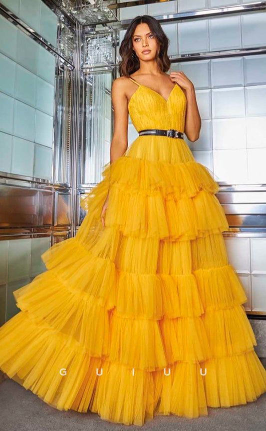 G4668 -  A-Line V Neck Straps Sleeveless Tulle Tiered Backless Prom Party Dress