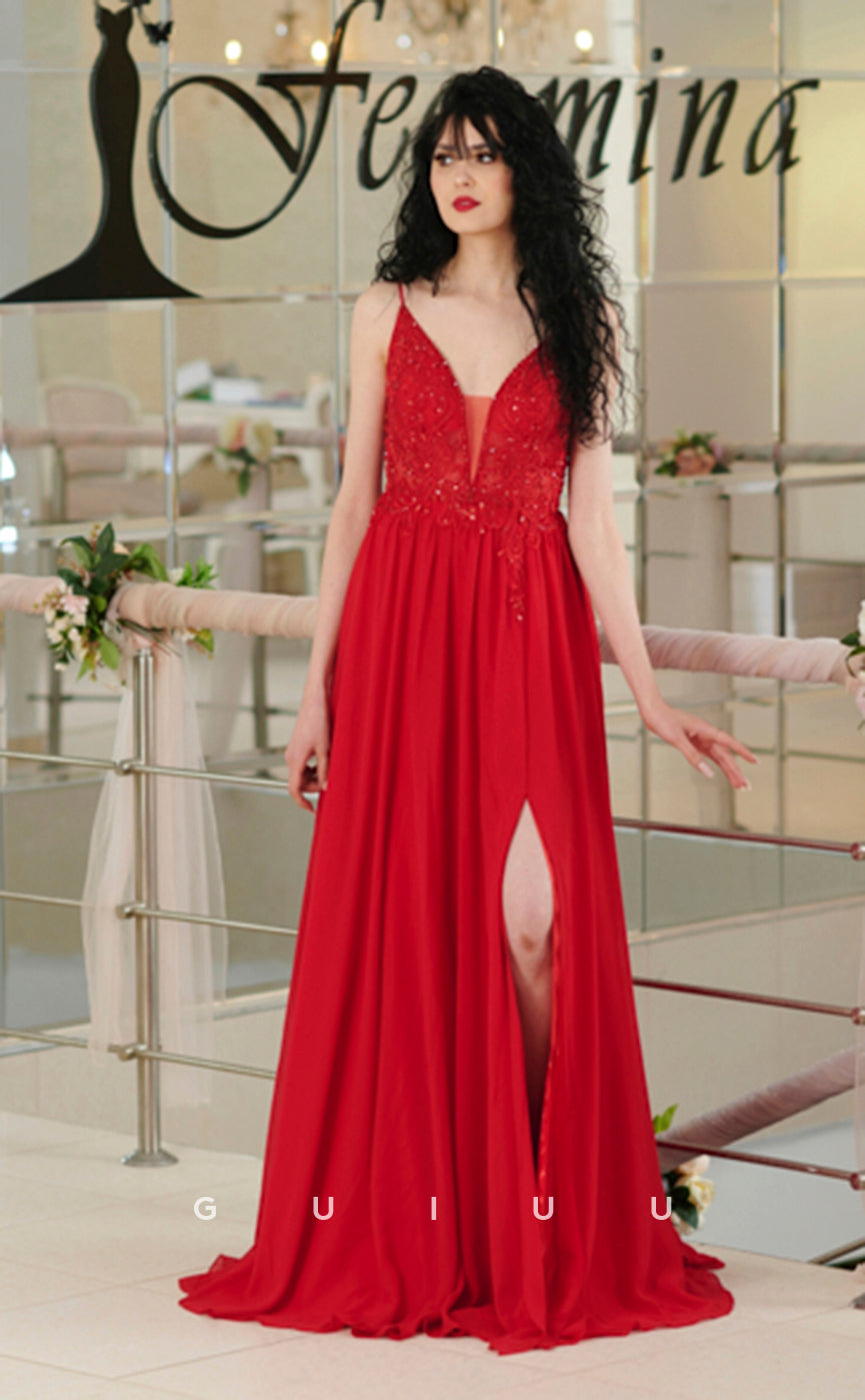G4315 - A-Line V Neck Straps Sleevelesss Appliques High Side Slit Long Prom Dress