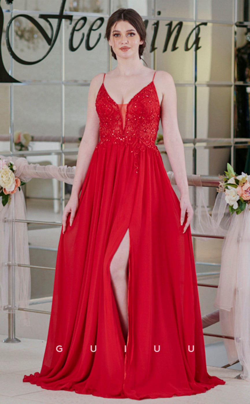 G4315 - A-Line V Neck Straps Sleevelesss Appliques High Side Slit Long Prom Dress
