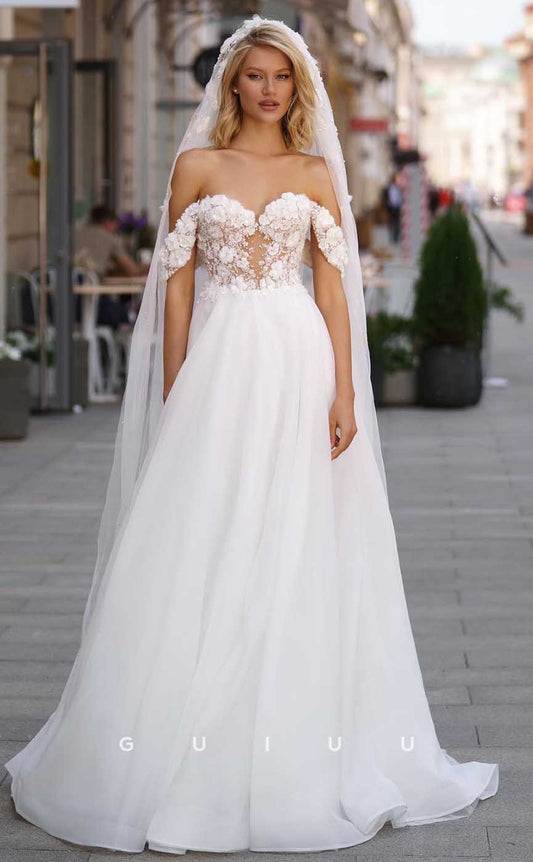 GW864 - A-Ling Off-Shoulder Appliques Pearls Buttons Wedding Dress with Slit