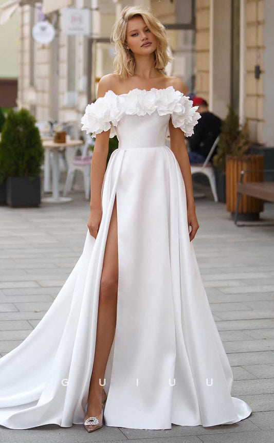 GW866 -  A-Ling Off-Shoulder Flowers Stain Wedding Dress with High Side Slit