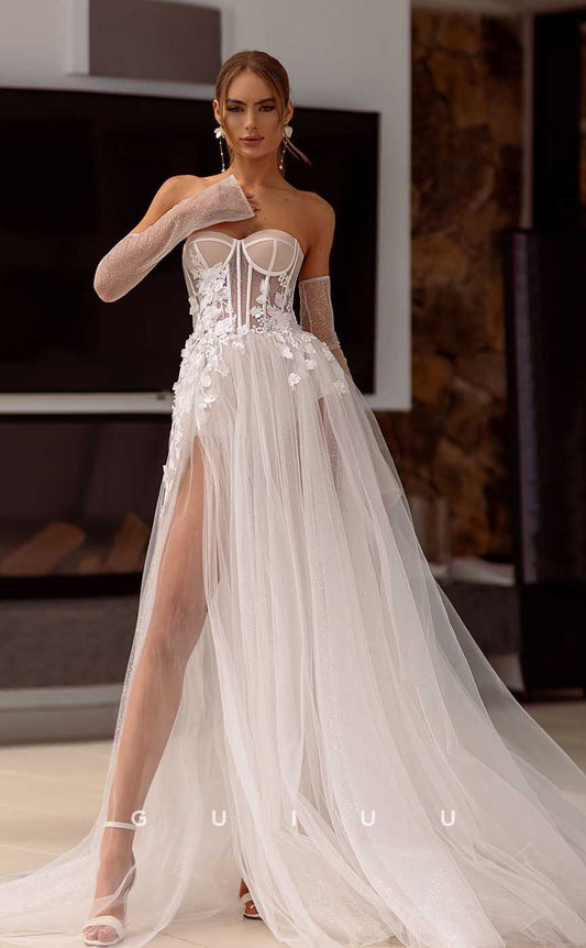 GW890 - Chic A-Line Strapless Long Sleeves Appliques High Side Slit Tulle Boho Wedding Dress