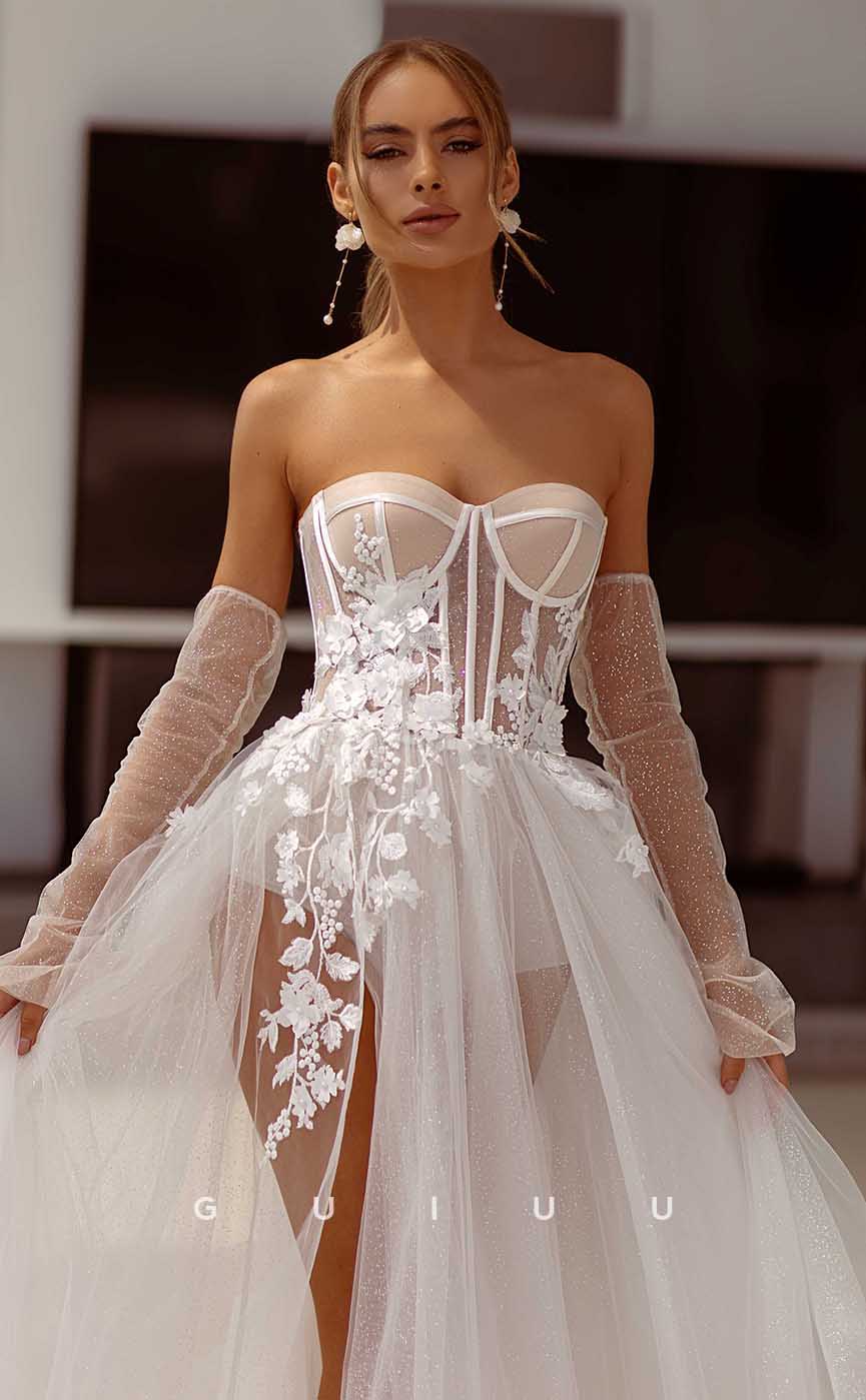 GW890 - Chic A-Line Strapless Long Sleeves Appliques High Side Slit Tulle Boho Wedding Dress