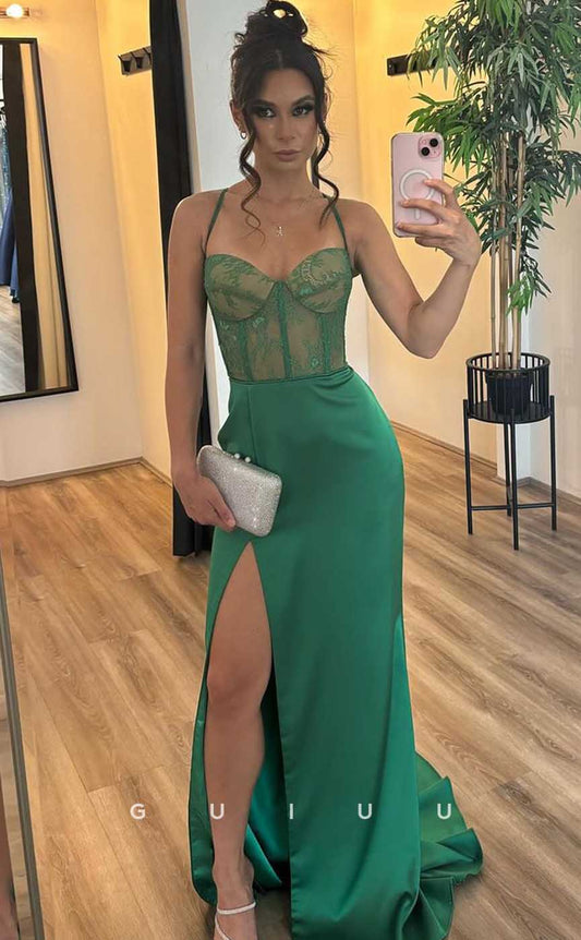 G4451 - Chic Illsion Column Green Appliques Halter Long Sweep Prom Evening Gown with Slit