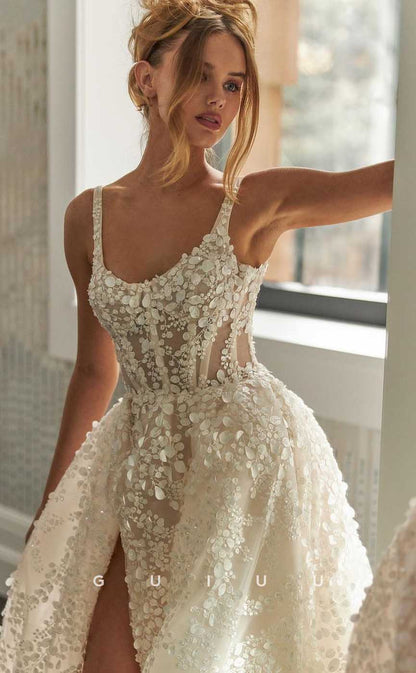 GW876 - Chic & Modern A-Line Straps Sleeveless Appliques High Side Slit Boho Wedding Dress with Train