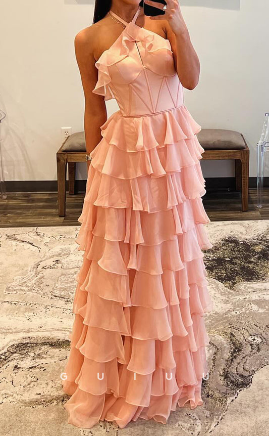 G3813 -  Chic & Modern A-Line Halter Sleeveless Backless Tiered Long Prom Dress