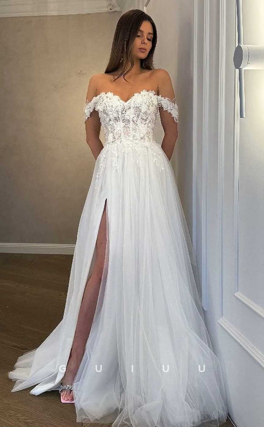 GW850 - Chic & Modern A-Line Off-Shoulder Appliques Lace Beach Wedding Dresss with High Side Slit