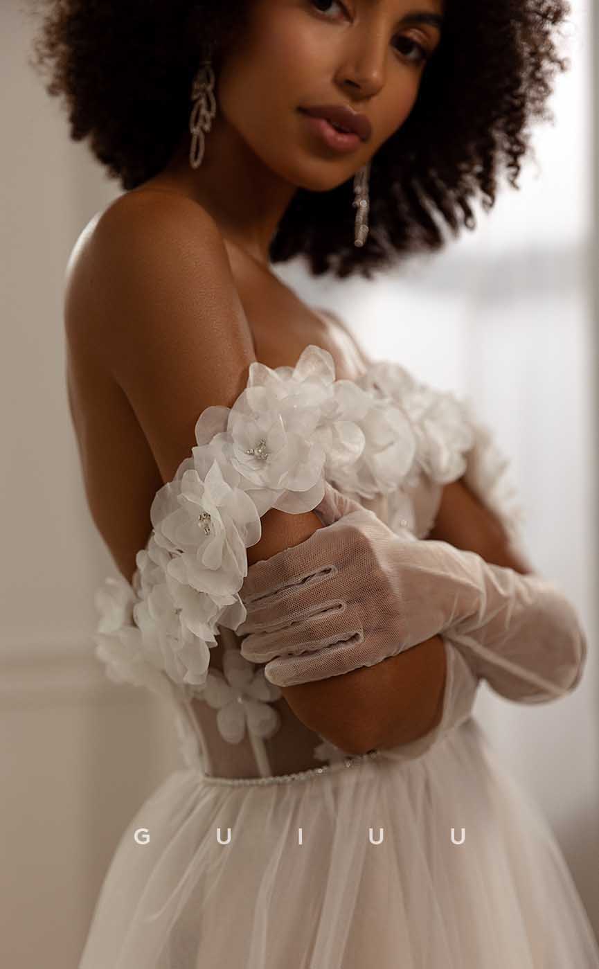 GW887 - Chic & Modern A-Line Off-Shoulder Backles Appliques Tulle Boho Wedding Dress