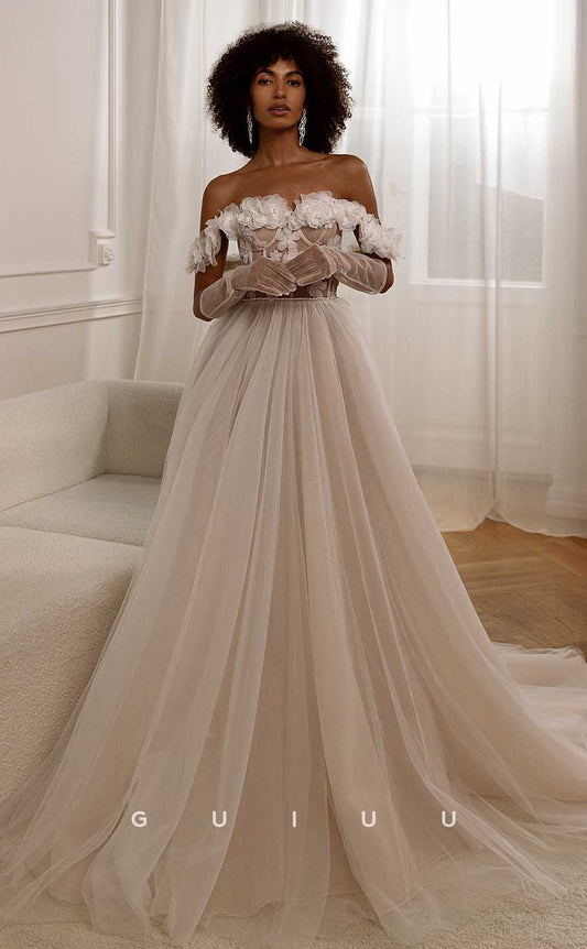 GW887 - Chic & Modern A-Line Off-Shoulder Backles Appliques Tulle Boho Wedding Dress