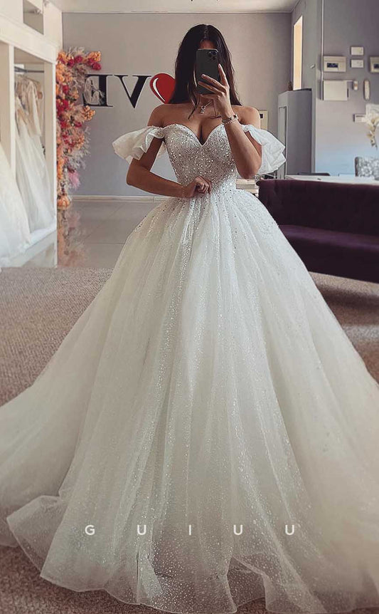GW821 - Chic& Modern A-Line Off-Shoulder Crystal Court Train Wedding Dress