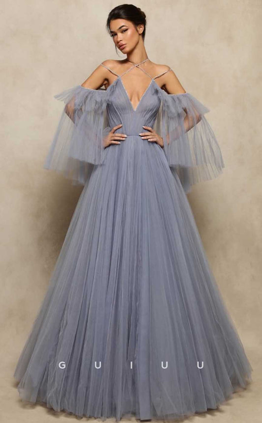 G4665 -  Chic & Modern A-Line Off Shoulder V Neck Tulle Party Prom Gown