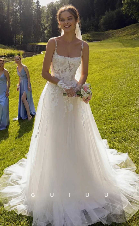 GW853 -  Chic & Modern A-Line Square Straps Appliques Lace Wedding Dress with Train