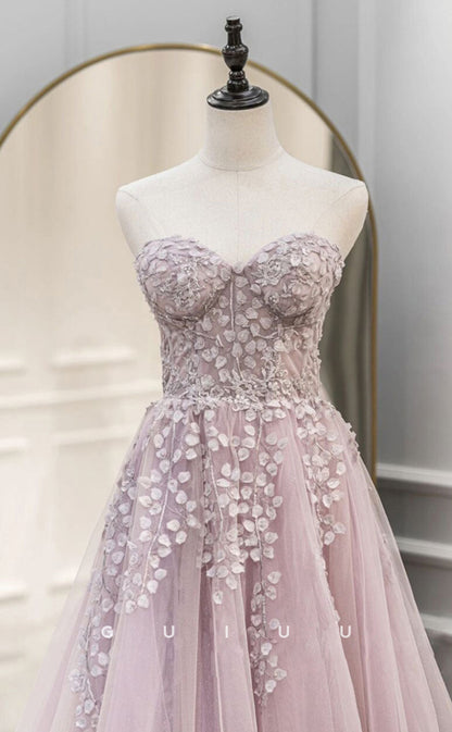 G3027 - Chic & Modern A-Line Strapless Sleeveless Appliques TulleLong Prom Dress
