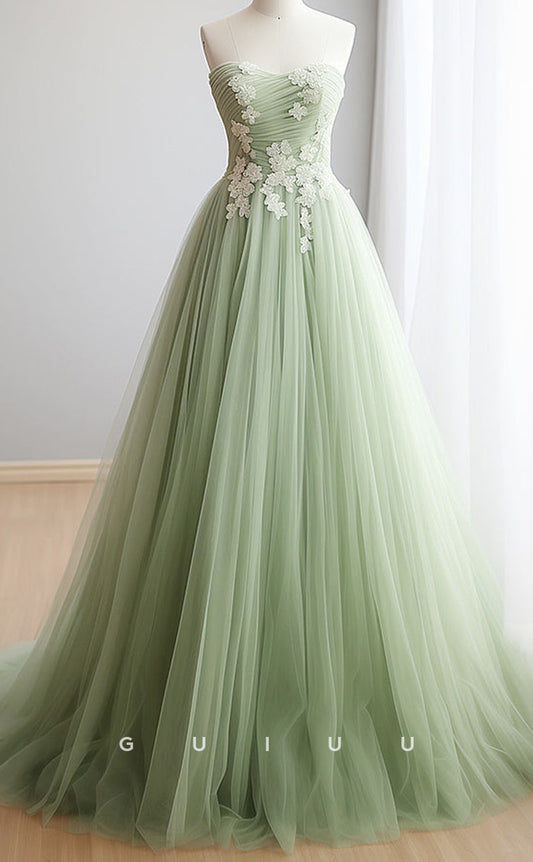 G3143 - Chic & Modern A-Line Strapless Sleeveless Appliques Tulle Long Prom Evening Dress