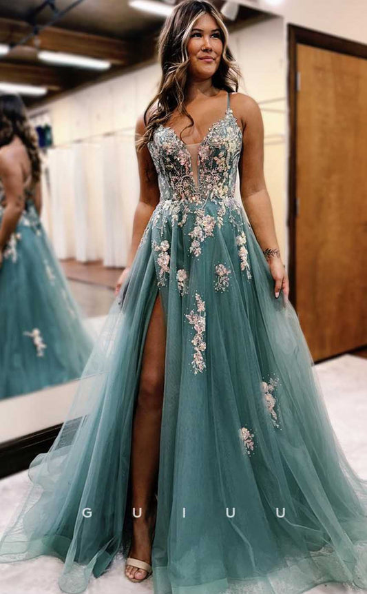 G4662 -  Chic & Modern A-Line Strapless Straps Sleeveless Appliques Criss-Cross Straps Tulle Prom Evening Dress with Slit