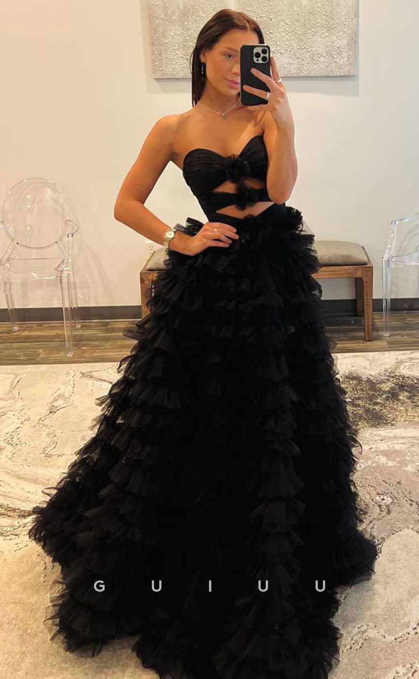 G4430 - Chic & Modern Black A-Line Strapless Sleeveless Tulle Tiered Illusion Open Back Long Sweep Prom Party Dress With Slit