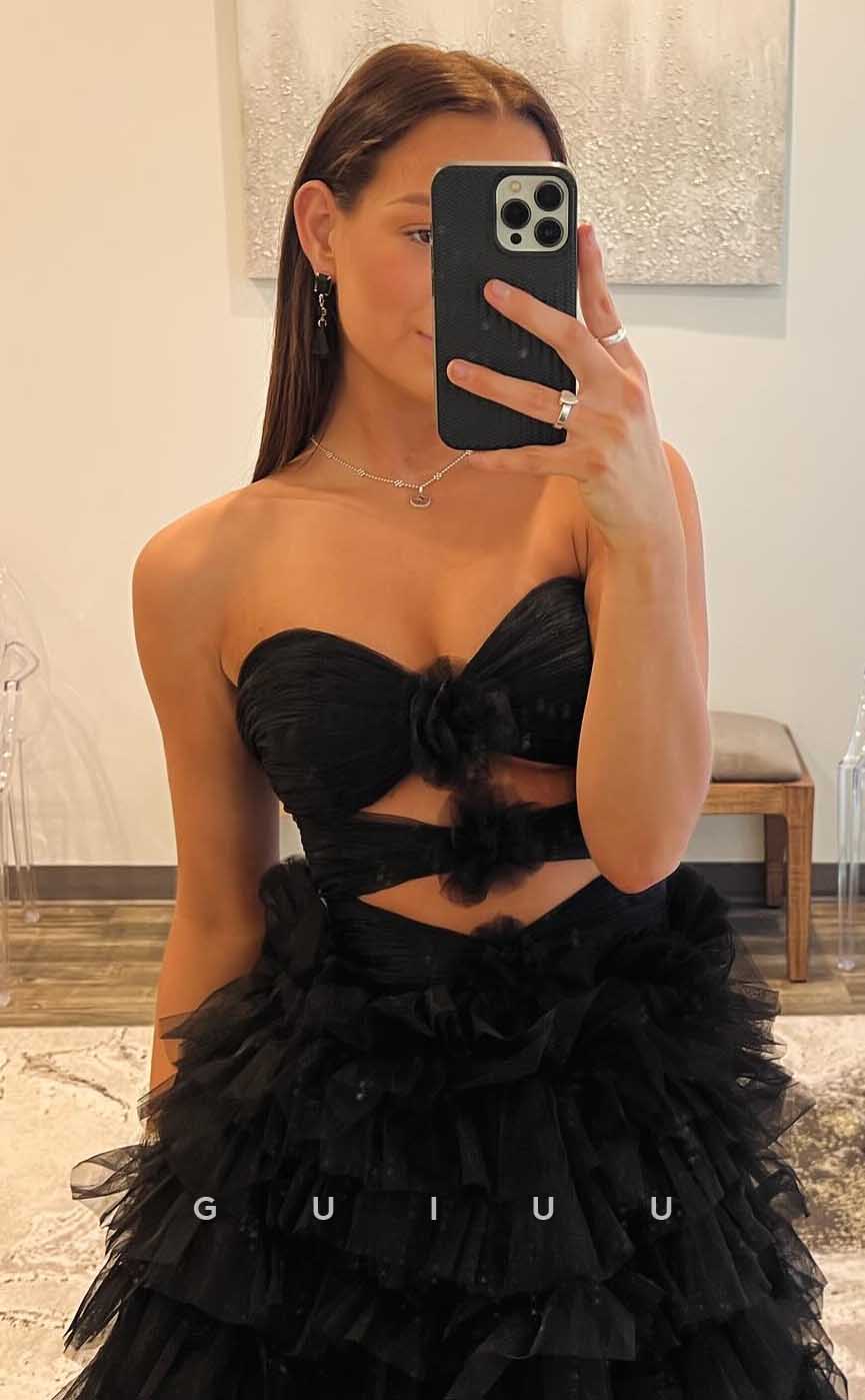 G4430 - Chic & Modern Black A-Line Strapless Sleeveless Tulle Tiered Illusion Open Back Long Sweep Prom Party Dress With Slit