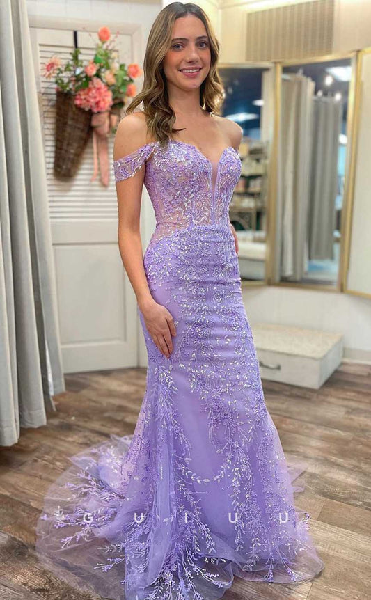 G4488 - Chic & Modern Mermaid Fitted Off-Shoulder Purple Tulle Allover Appliques Sweep-Length Prom Evening Gown