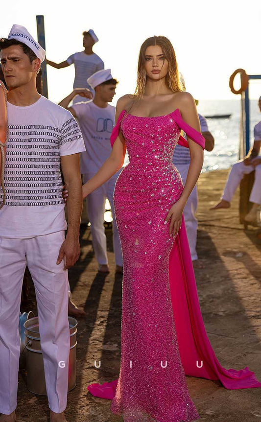 G4611 - Chic & Modern Mermaid Off-Shoulder Fully Beaded Prom Party Dress with Train